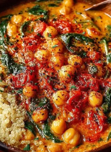 A colorful bowl of Chickpea Coconut Curry garnished with fresh herbs.