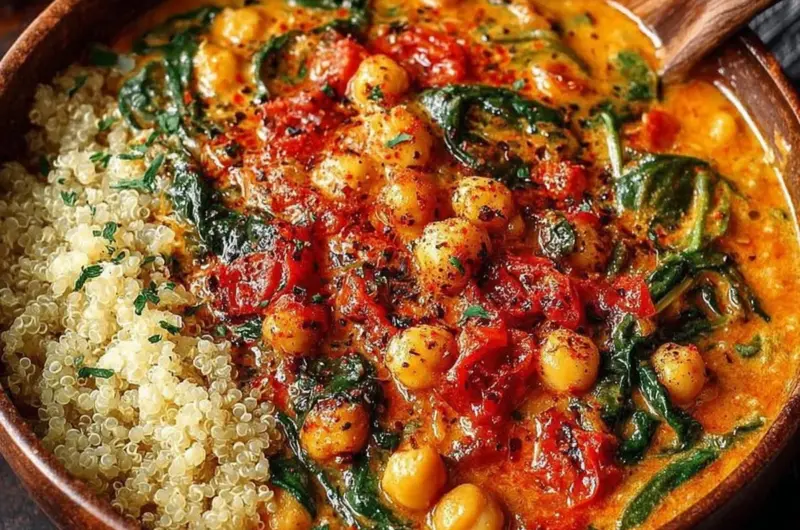 A colorful bowl of Chickpea Coconut Curry garnished with fresh herbs.