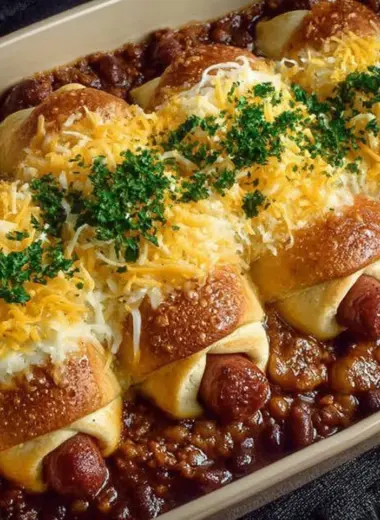 Delicious Chili Cheese Dog Bake topped with melted cheese and chili