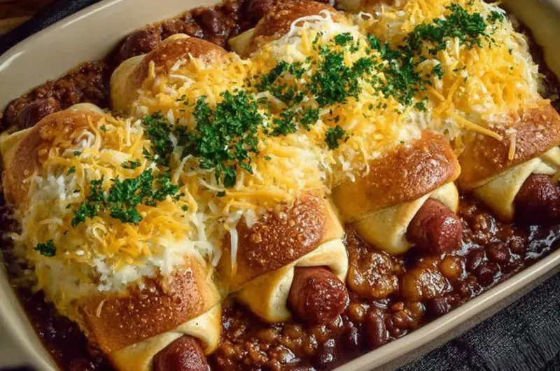 Delicious Chili Cheese Dog Bake topped with melted cheese and chili