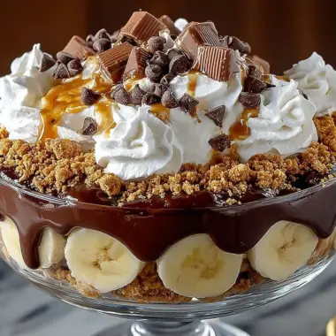 Delicious Chocolate Peanut Butter Banana Cream Trifle dessert in a glass.