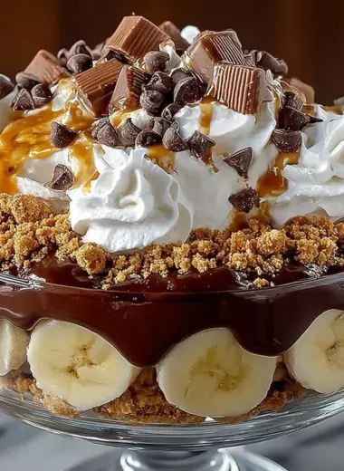 Delicious Chocolate Peanut Butter Banana Cream Trifle dessert in a glass.