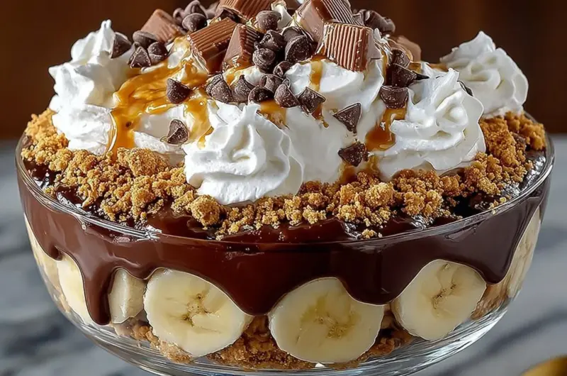 Delicious Chocolate Peanut Butter Banana Cream Trifle dessert in a glass.