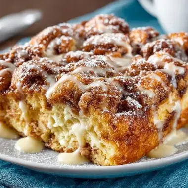 Cinnamon Roll French Toast Casserole baked and topped with icing
