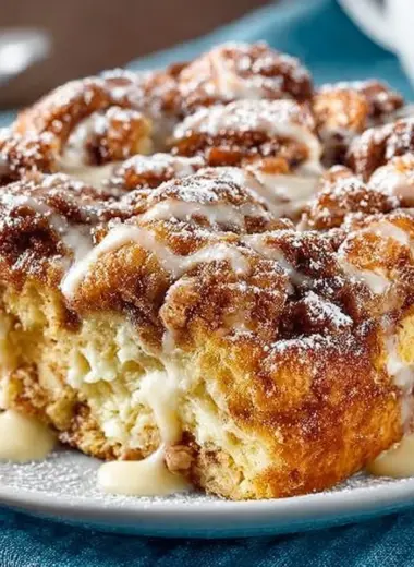 Cinnamon Roll French Toast Casserole baked and topped with icing