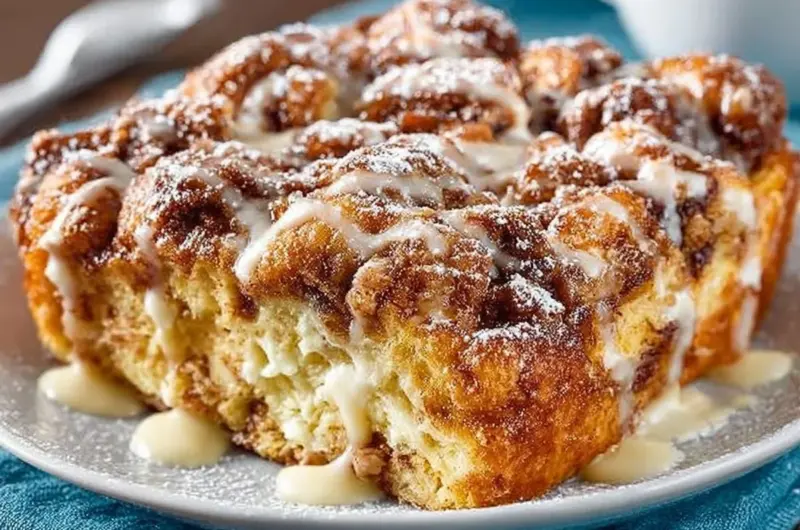 Cinnamon Roll French Toast Casserole baked and topped with icing