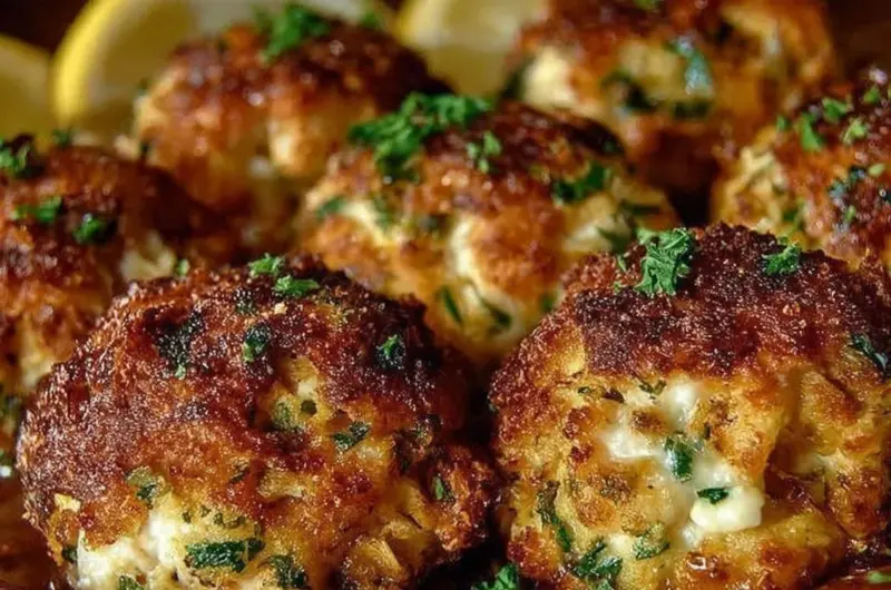 Delicious classic crab cakes served with a zesty sauce.