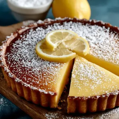 Classic lemon tart with a flaky crust and lemon filling, garnished with lemon zest.