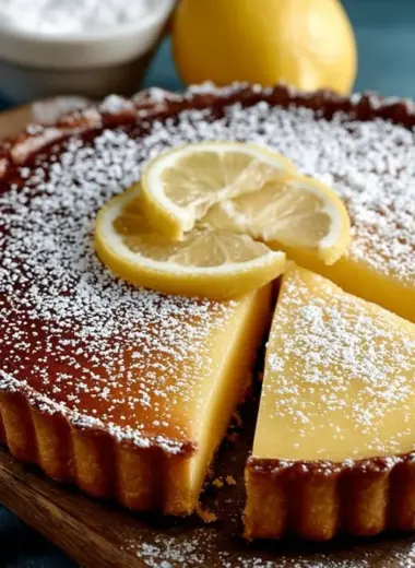 Classic lemon tart with a flaky crust and lemon filling, garnished with lemon zest.