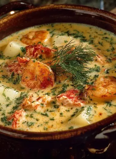 Delicious crab and shrimp seafood bisque served in a bowl