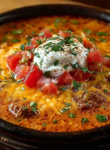 Creamy beef taco soup in a bowl with toppings of cheese and cilantro