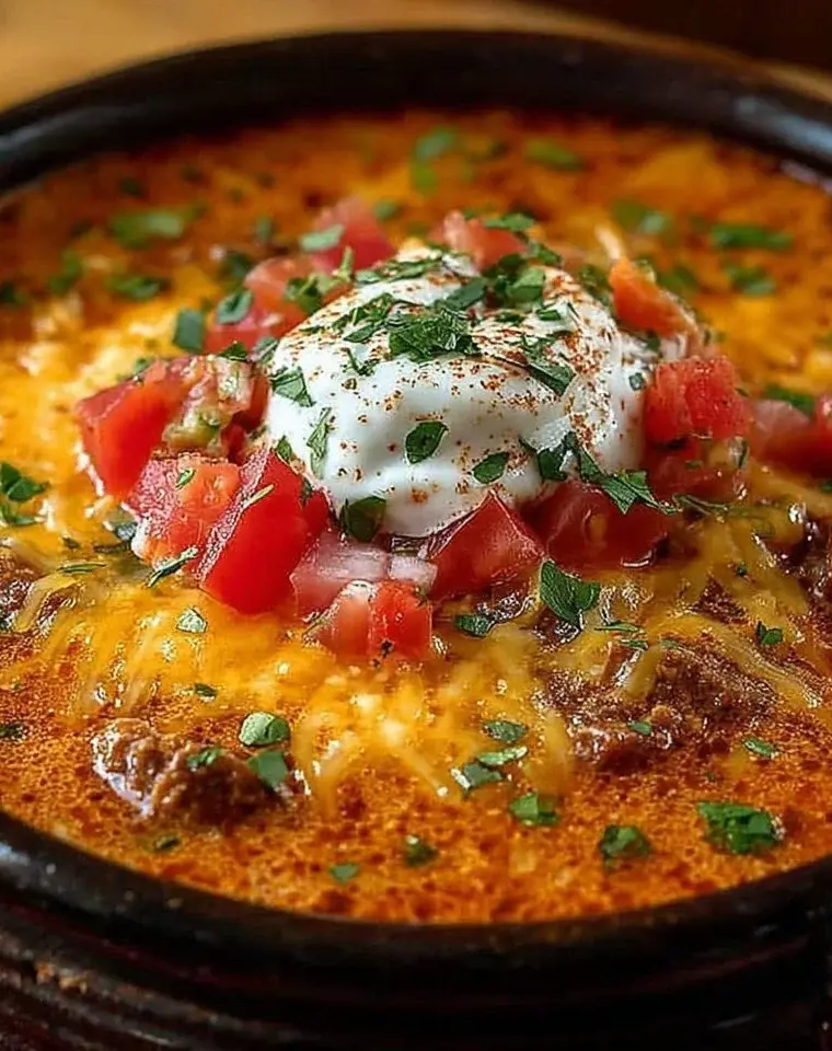 Creamy beef taco soup in a bowl with toppings of cheese and cilantro