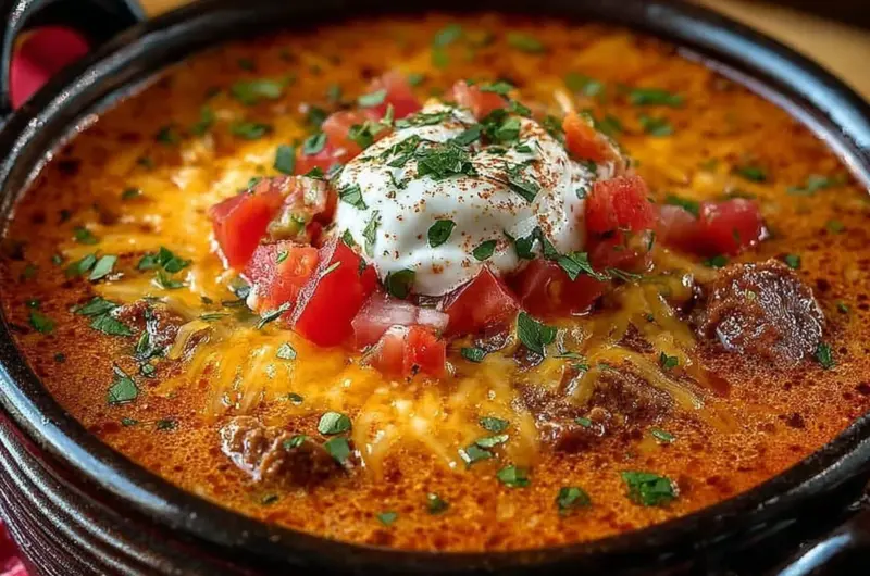 Creamy beef taco soup in a bowl with toppings of cheese and cilantro
