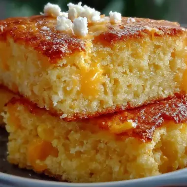Creamy cornbread casserole topped with golden corn and herbs