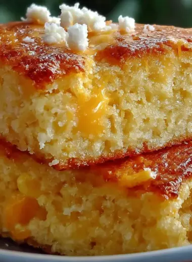 Creamy cornbread casserole topped with golden corn and herbs
