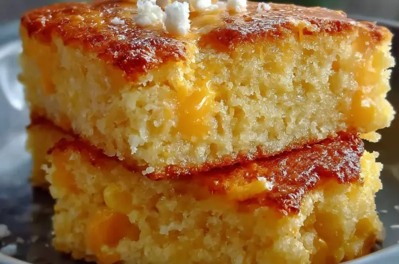 Creamy cornbread casserole topped with golden corn and herbs