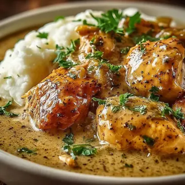 Delicious Crockpot Mississippi Chicken served on a plate with herbs.