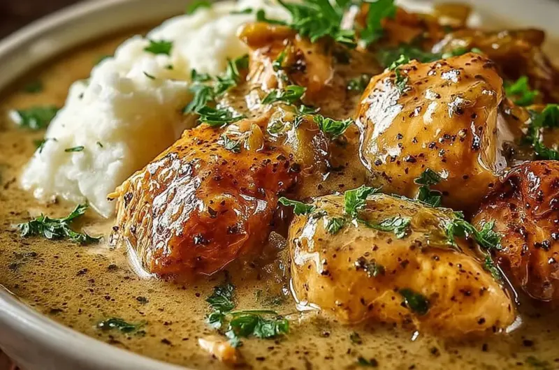 Delicious Crockpot Mississippi Chicken served on a plate with herbs.