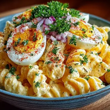 Delicious deviled egg pasta salad served in a bowl with garnishes.