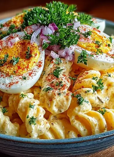 Delicious deviled egg pasta salad served in a bowl with garnishes.