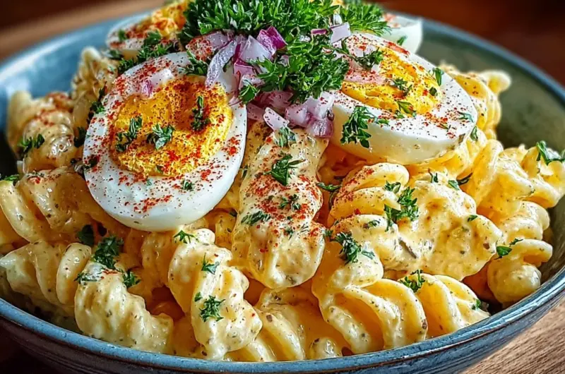 Delicious deviled egg pasta salad served in a bowl with garnishes.