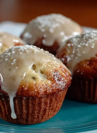 Freshly baked donut muffins topped with glaze and sprinkles