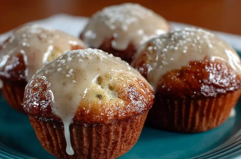 Freshly baked donut muffins topped with glaze and sprinkles
