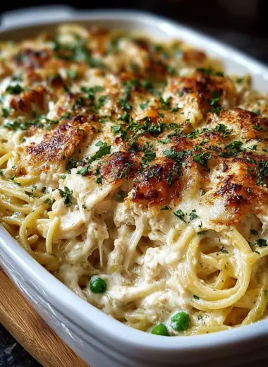 Delicious easy chicken tetrazzini served in a bowl, garnished with parsley.