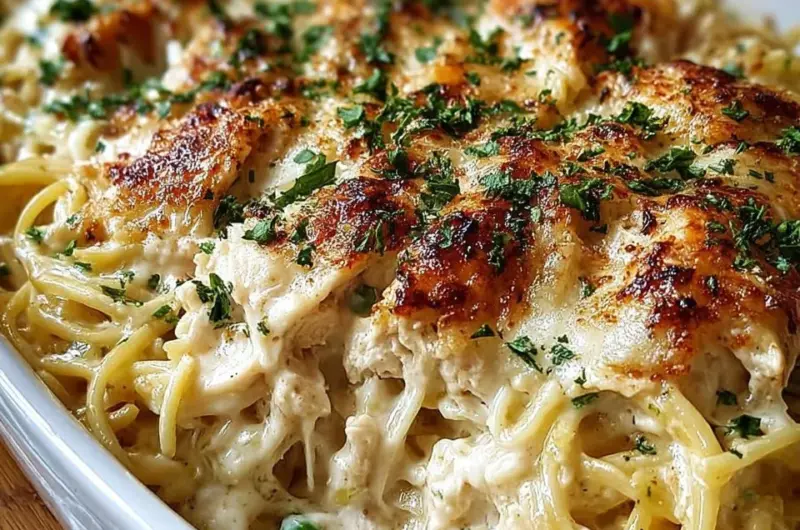 Delicious easy chicken tetrazzini served in a bowl, garnished with parsley.