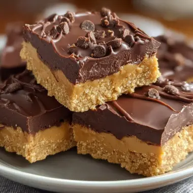 No bake peanut butter bars topped with chocolate and sprinkled with nuts.