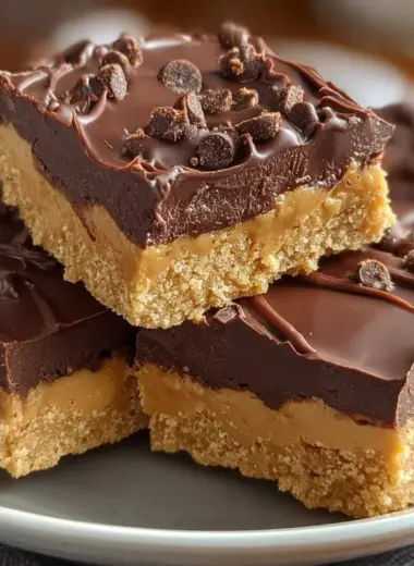 No bake peanut butter bars topped with chocolate and sprinkled with nuts.