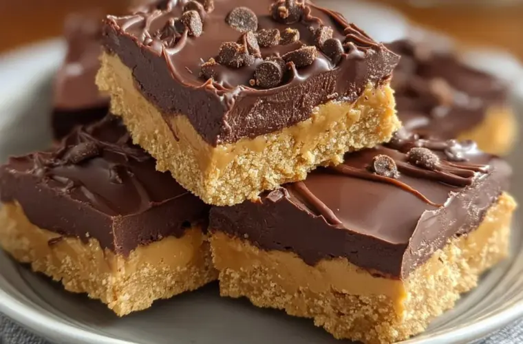 No bake peanut butter bars topped with chocolate and sprinkled with nuts.