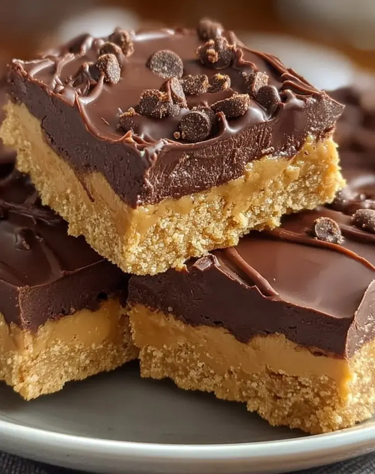 No bake peanut butter bars topped with chocolate and sprinkled with nuts.