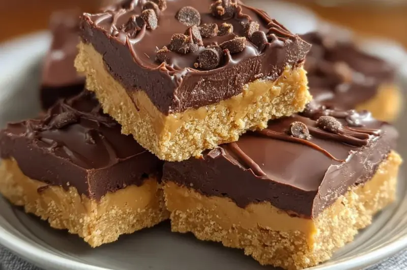 No bake peanut butter bars topped with chocolate and sprinkled with nuts.