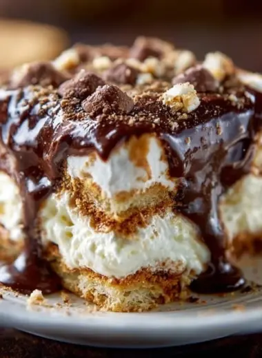 Delicious eclair cake with layers of cream and chocolate icing