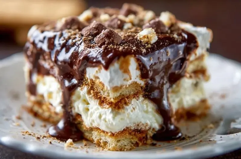 Delicious eclair cake with layers of cream and chocolate icing