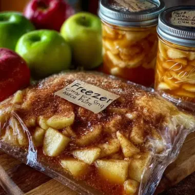 Homemade freezer apple pie filling in a jar ready for baking.