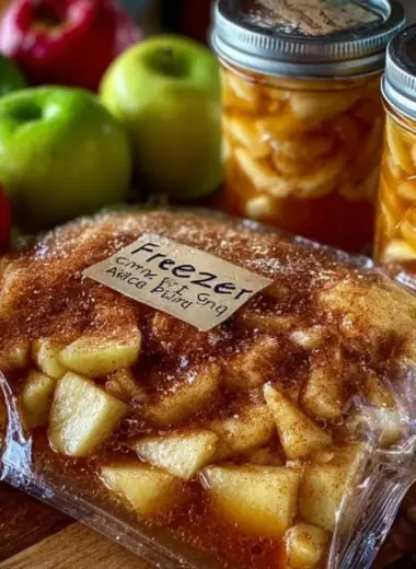 Homemade freezer apple pie filling in a jar ready for baking.