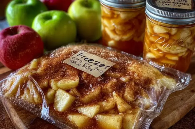 Homemade freezer apple pie filling in a jar ready for baking.