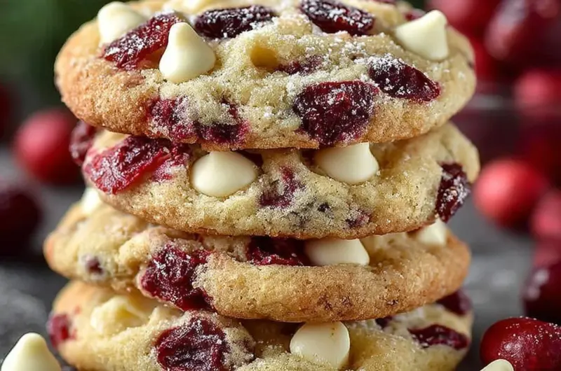 Freshly baked cranberry and white chocolate cookies on a cooling rack