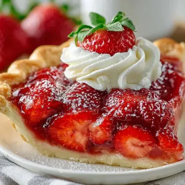 Homemade fresh strawberry pie topped with whipped cream.