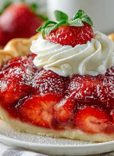 Homemade fresh strawberry pie topped with whipped cream.