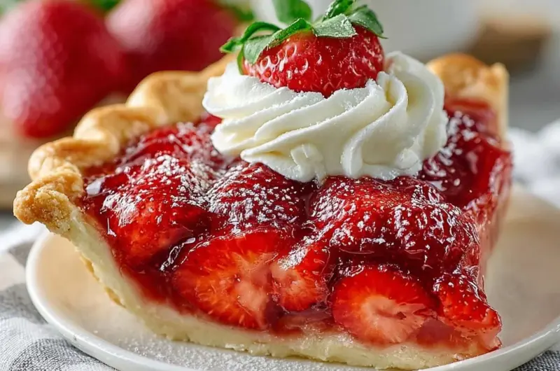 Homemade fresh strawberry pie topped with whipped cream.