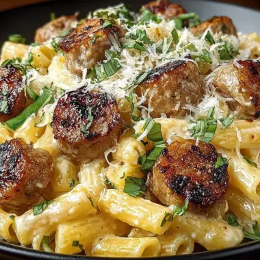 Delicious Garlic Butter Sausage Bites served with creamy Parmesan pasta