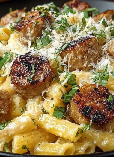 Delicious Garlic Butter Sausage Bites served with creamy Parmesan pasta