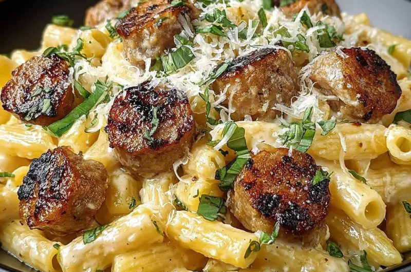 Delicious Garlic Butter Sausage Bites served with creamy Parmesan pasta