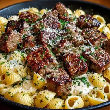Delicious garlic butter steak bites served with creamy parmesan shells