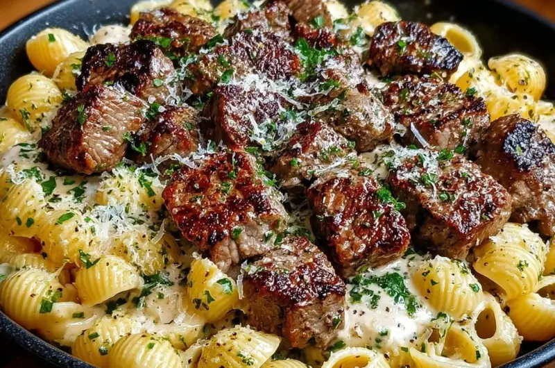Delicious garlic butter steak bites served with creamy parmesan shells
