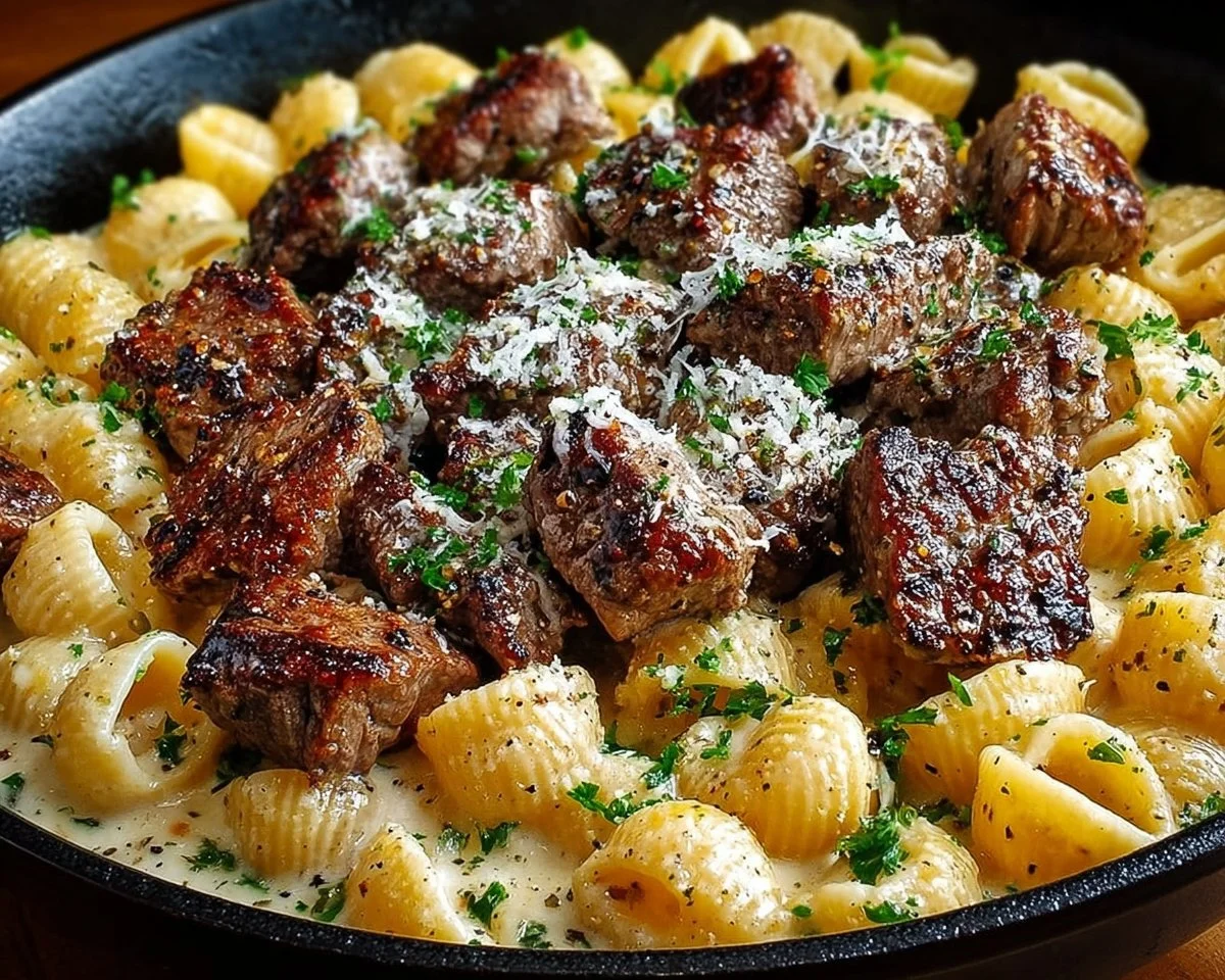 Garlic Butter Steak Bites & Creamy Parmesan Shells