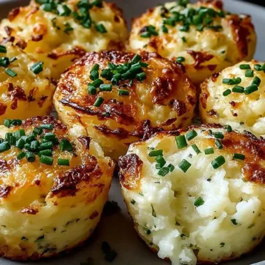 Delicious Garlic Chive Mashed Potato Puffins served on a plate, garnished with herbs.